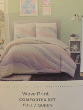 Wave Print Comforter & 2 Standard Shams Set - Pastel Multicolor (Full/Queen) New